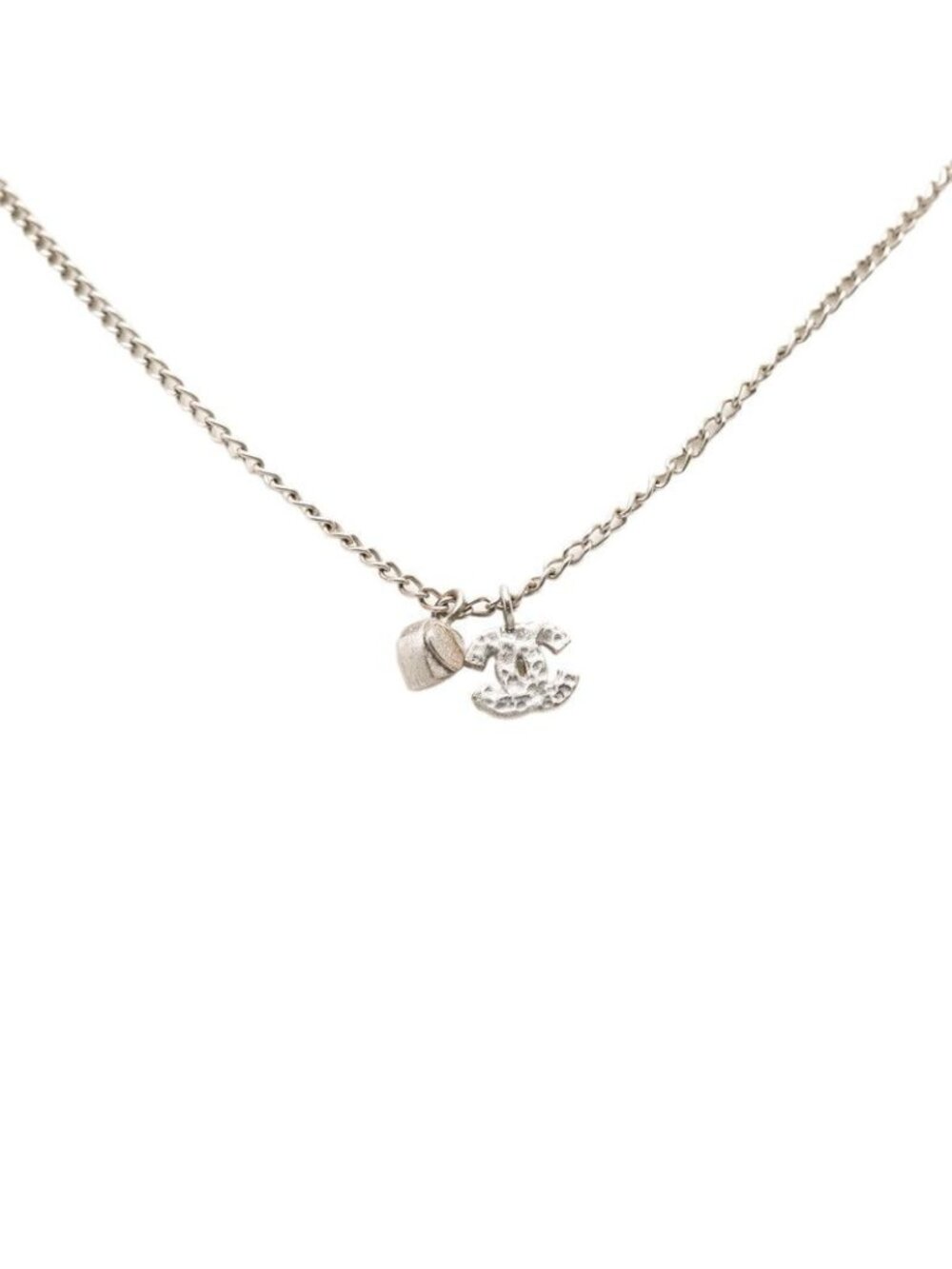 Chanel CC Logo Heart Key Motif Necklace Silver Metal Line Stone 1 - Picture 2 of 5